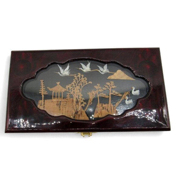 Asian Wooden JEWELRY BOX with 3D Cork Pagoda and Crane Birds Lacquered 9 Inches - Picture 5 of 11